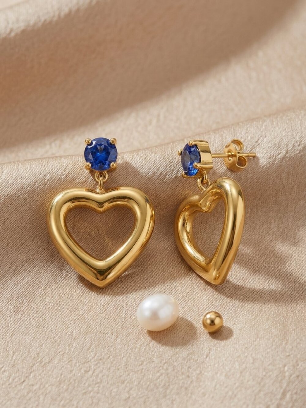 18K Gold Plated Puffy Heart Drop Earrings Blue CZ Stud Coquette Glam Statement - Picture 10 of 15
